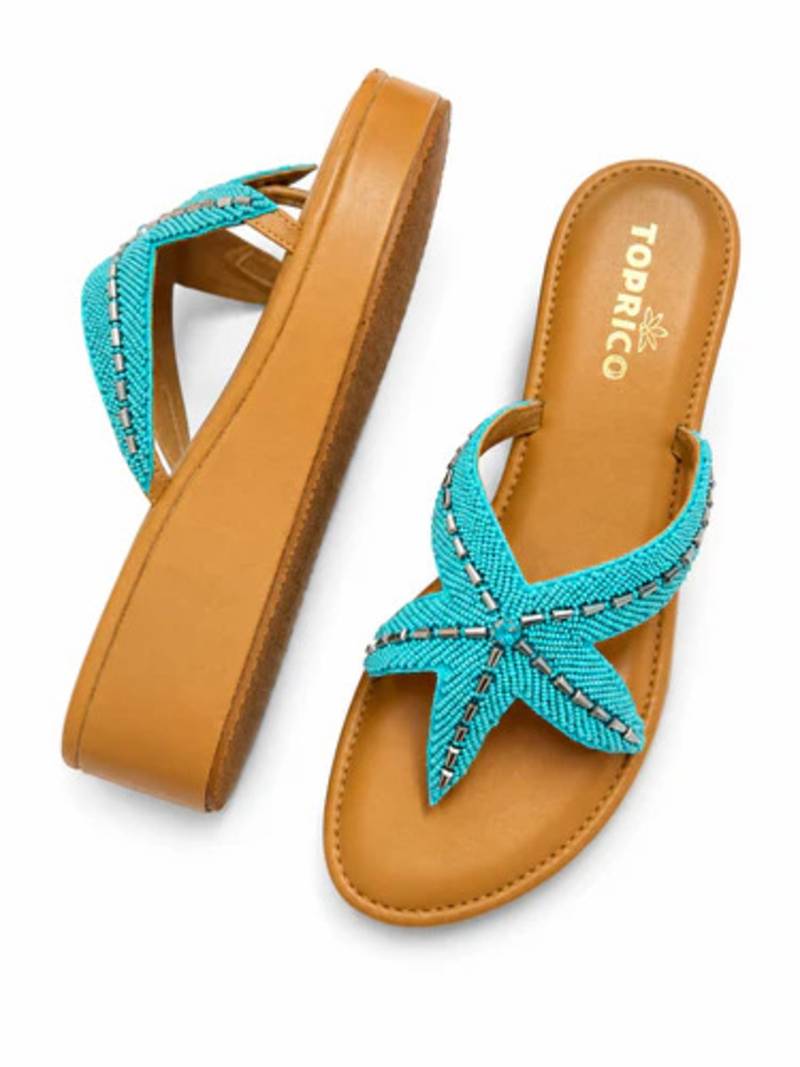 Tan starfish embellished faux leather platform slides for women