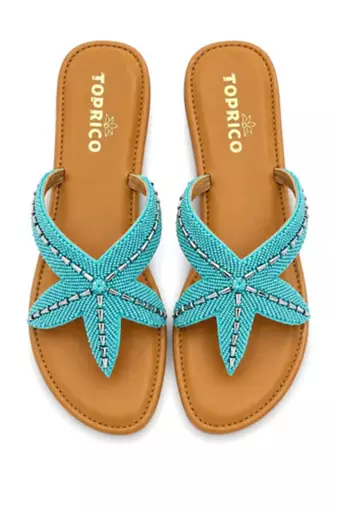 Tan starfish embellished faux leather platform slides for women