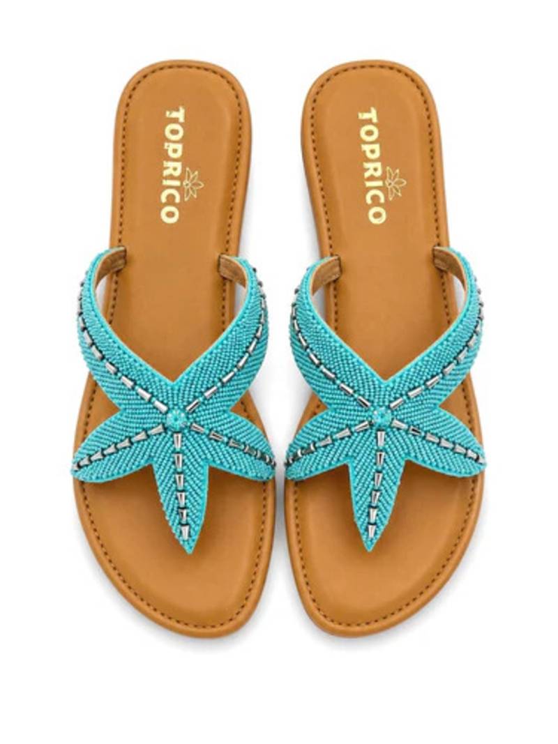 Tan starfish embellished faux leather platform slides for women