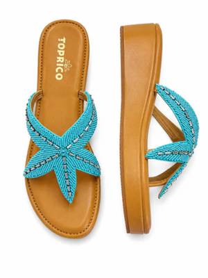 Tan starfish embellished faux leather platform slides for women 5