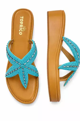 Tan starfish embellished faux leather platform slides for women