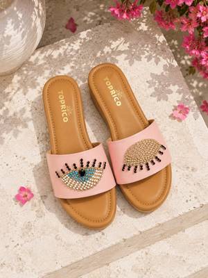 Tan beaded faux leather platform slides for women 1