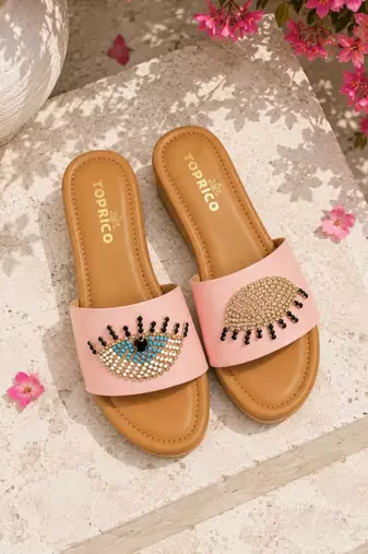 Tan beaded faux leather platform slides for women