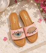 Tan beaded faux leather platform slides for women