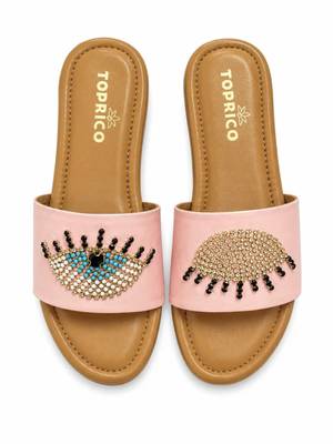 Tan beaded faux leather platform slides for women 2