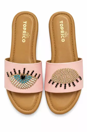Tan beaded faux leather platform slides for women