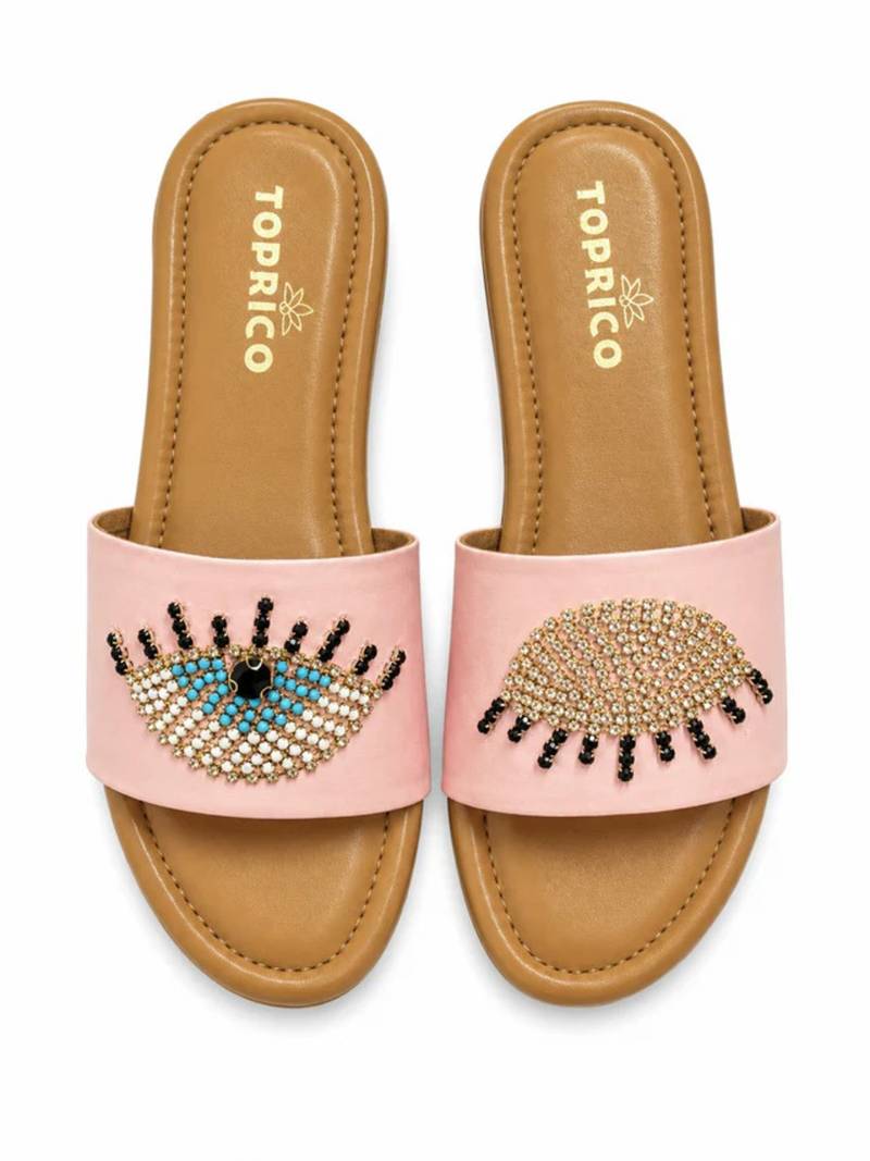 Tan beaded faux leather platform slides for women