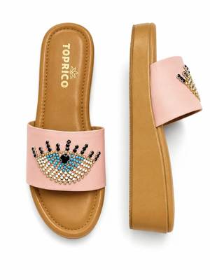 Tan beaded faux leather platform slides for women 3