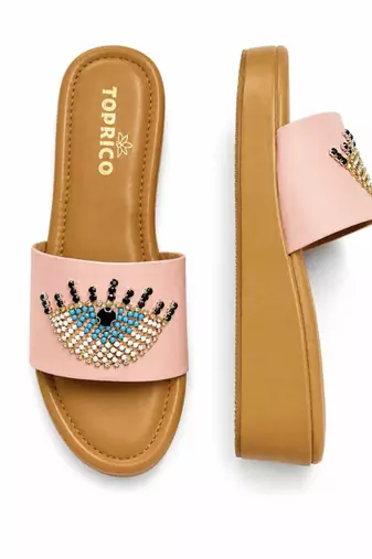 Tan beaded faux leather platform slides for women