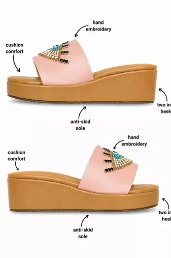 Tan beaded faux leather platform slides for women