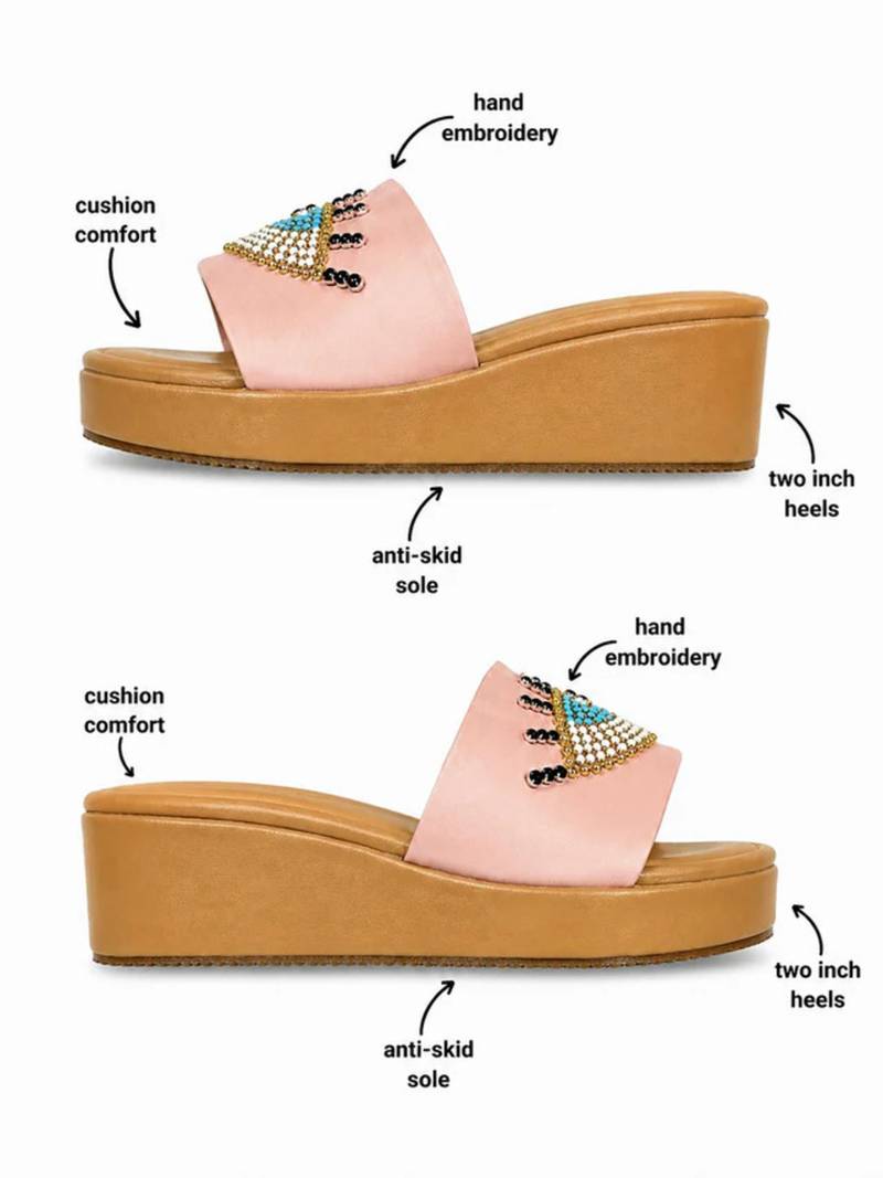 Tan beaded faux leather platform slides for women