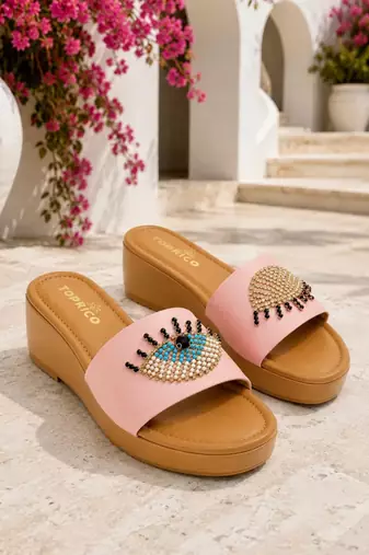 Tan beaded faux leather platform slides for women