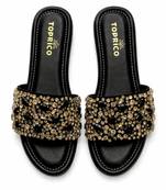 Black studded faux leather wedge sandals for women