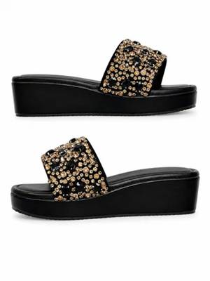 Black studded faux leather wedge sandals for women 2