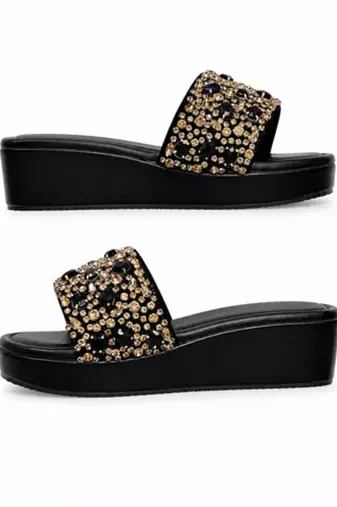 Black studded faux leather wedge sandals for women