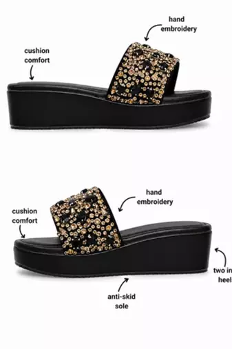 Black studded faux leather wedge sandals for women