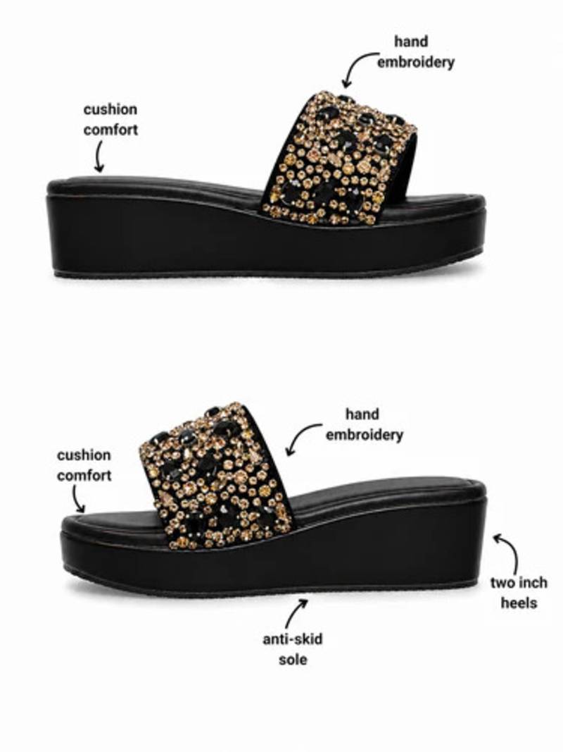 Black studded faux leather wedge sandals for women