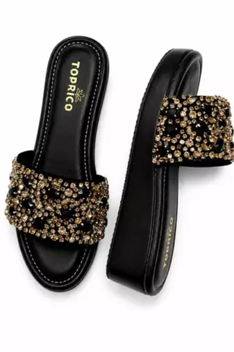 Black studded faux leather wedge sandals for women