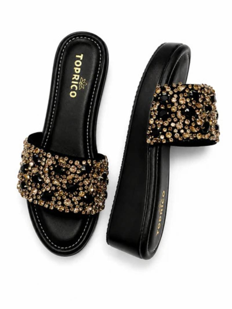 Black studded faux leather wedge sandals for women