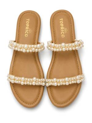 Tan pearl embroidered faux leather platform flats for women 1