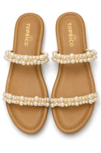 Tan pearl embroidered faux leather platform flats for women