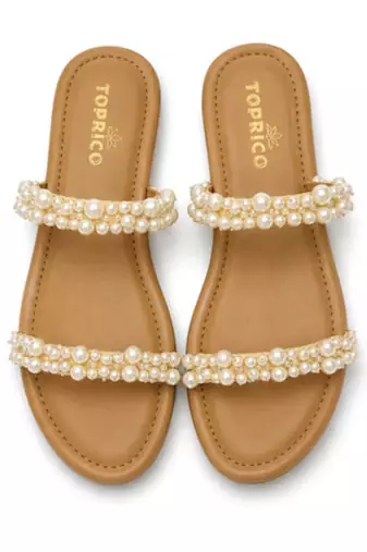 Tan pearl embroidered faux leather platform flats for women