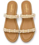 Tan pearl embroidered faux leather platform flats for women