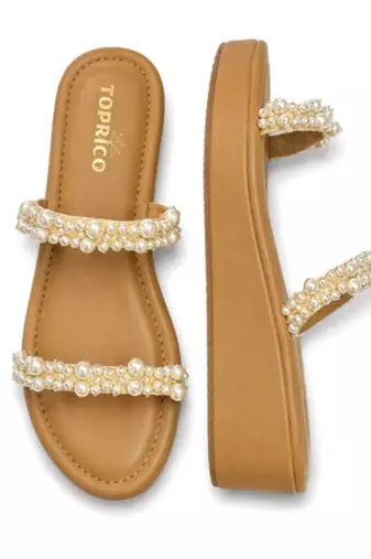 Tan pearl embroidered faux leather platform flats for women
