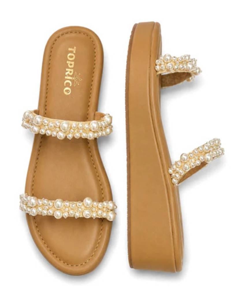 Tan pearl embroidered faux leather platform flats for women