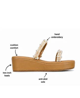 Tan pearl embroidered faux leather platform flats for women 3