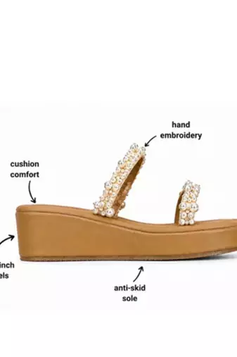 Tan pearl embroidered faux leather platform flats for women
