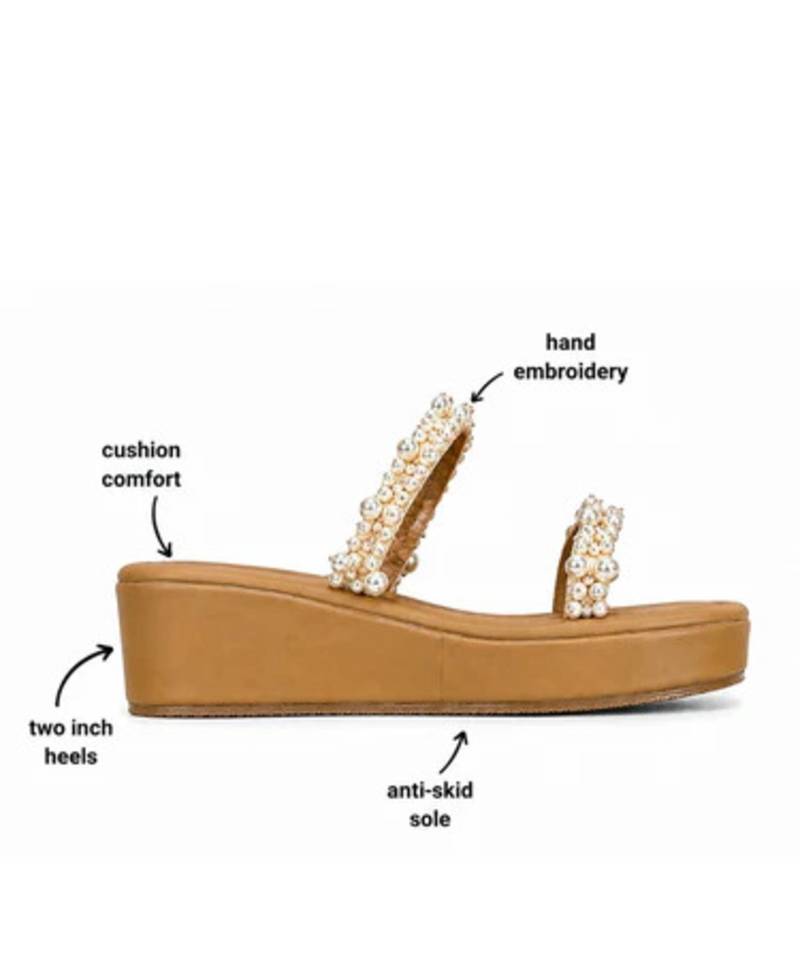 Tan pearl embroidered faux leather platform flats for women