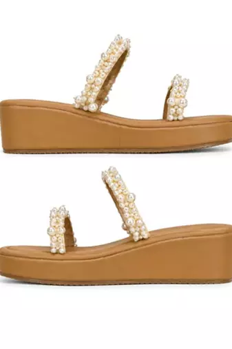Tan pearl embroidered faux leather platform flats for women