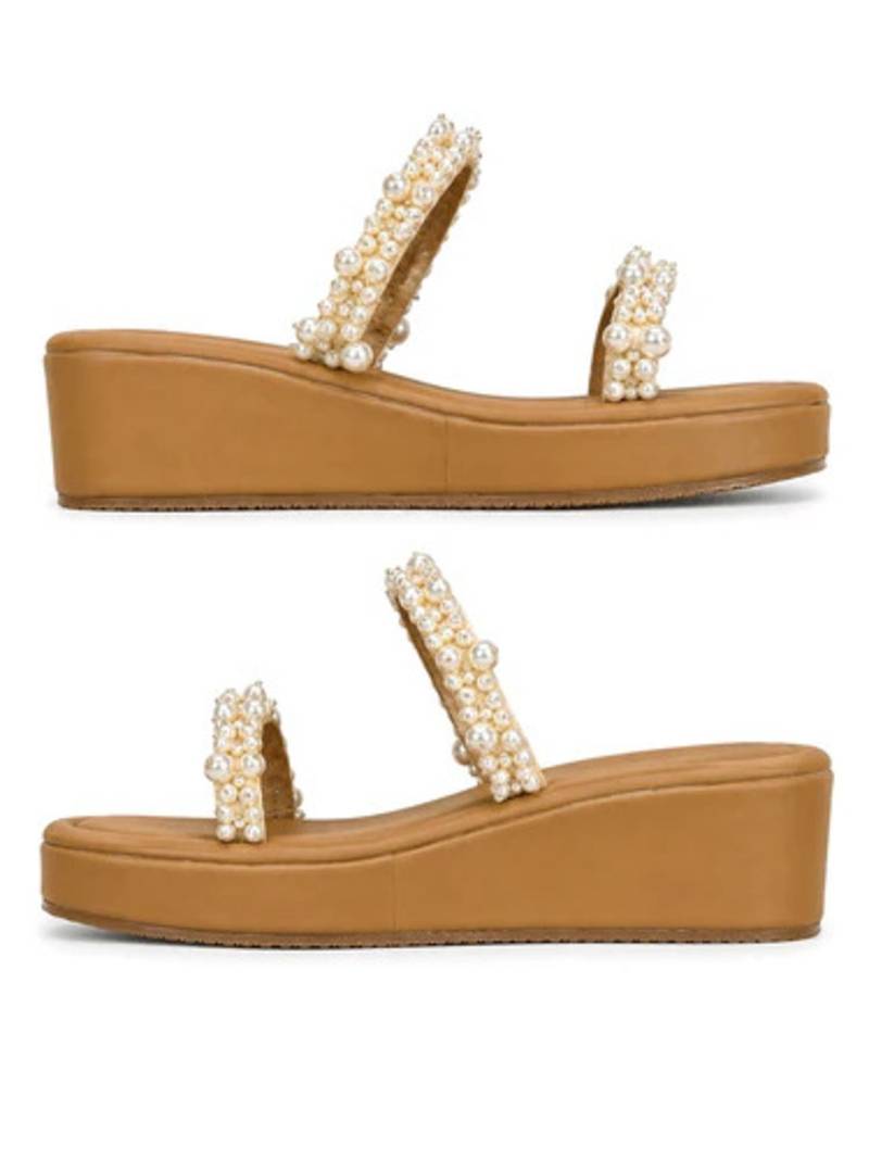 Tan pearl embroidered faux leather platform flats for women