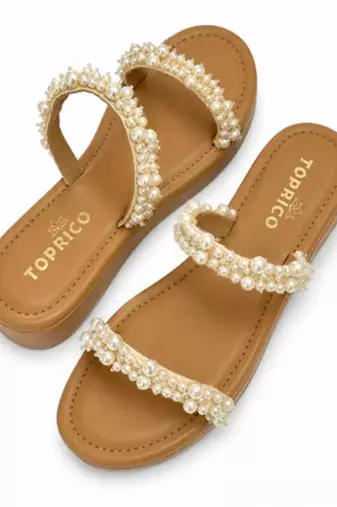 Tan pearl embroidered faux leather platform flats for women