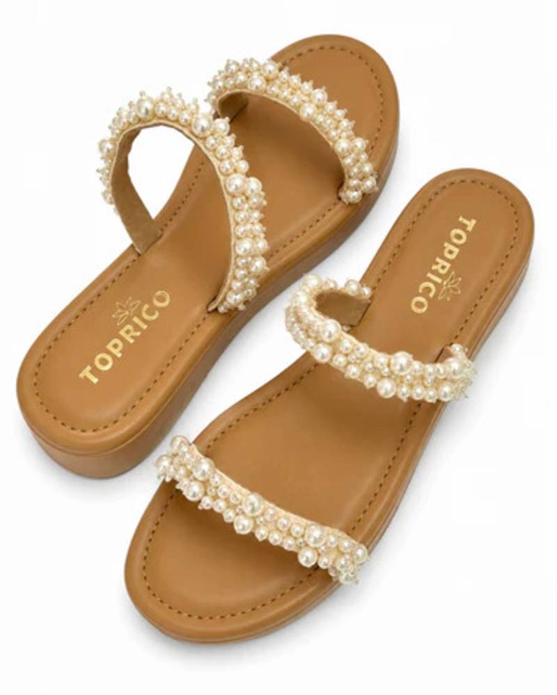 Tan pearl embroidered faux leather platform flats for women