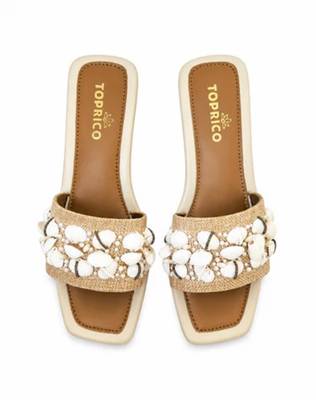 Tan shell embellished faux leather raffia block heel sandals for women 1