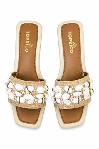 Tan shell embellished faux leather raffia block heel sandals for women