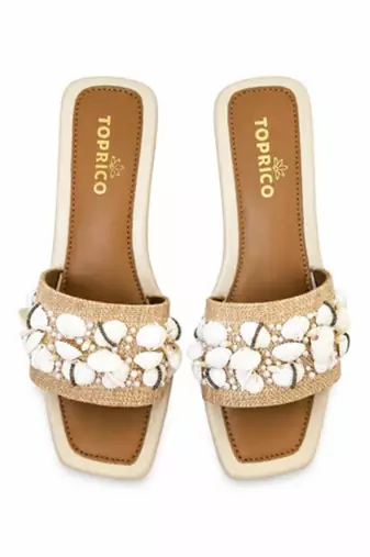 Tan shell embellished faux leather raffia block heel sandals for women