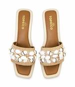 Tan shell embellished faux leather raffia block heel sandals for women
