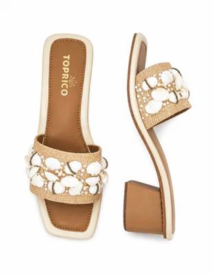 Tan shell embellished faux leather raffia block heel sandals for women 2