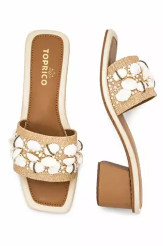 Tan shell embellished faux leather raffia block heel sandals for women