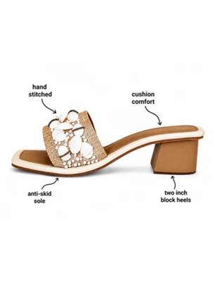 Tan shell embellished faux leather raffia block heel sandals for women 3