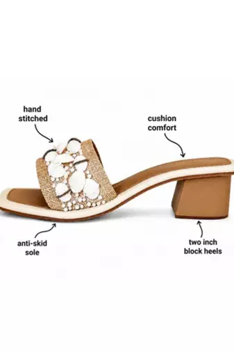 Tan shell embellished faux leather raffia block heel sandals for women