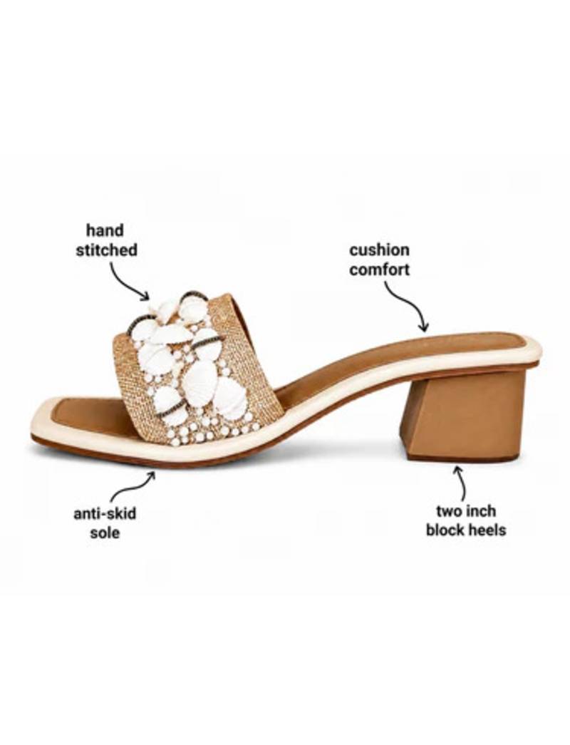 Tan shell embellished faux leather raffia block heel sandals for women