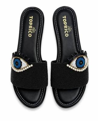 Black beaded faux leather platform slides for women 1