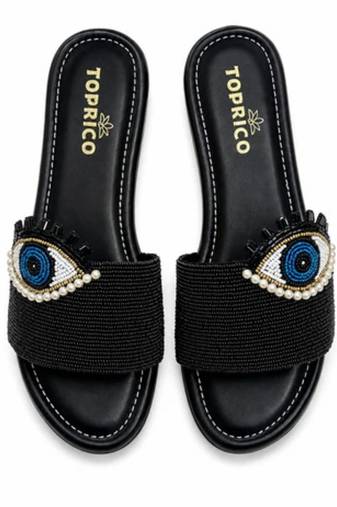 Black beaded faux leather platform slides for women