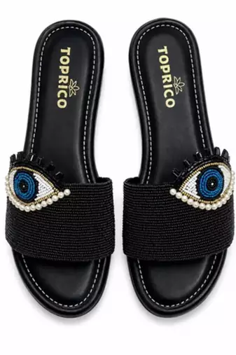 Black beaded faux leather platform slides for women