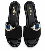 Black beaded faux leather platform slides for women