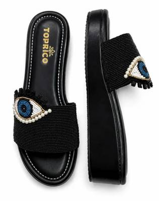 Black beaded faux leather platform slides for women 2